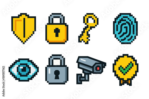 Pixel art security icons: shield, lock, key, fingerprint, camera, checkmark