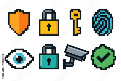Pixel security icons: shield, lock, key, fingerprint, eye, camera, checkmark