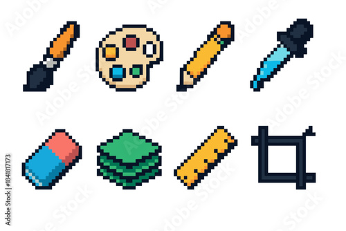 Pixel art tools: paintbrush, palette, pencil, eyedropper, eraser, layers, ruler, crop icon set