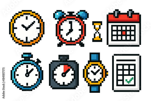 Pixel art clock icons: alarm, stopwatch, calendar, hourglass set