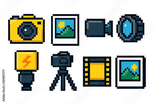 Pixel art camera icons: photography equipment and film motifs