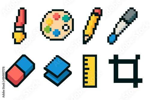 Pixel art tools set featuring brush, palette, pencil, eraser, and ruler