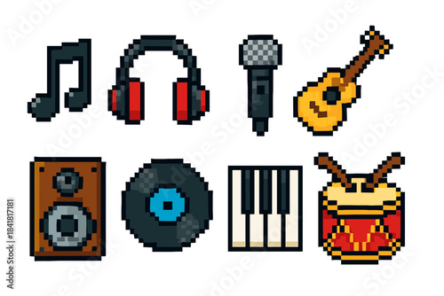 Pixel art music icons: microphone, guitar, headphones, keyboard, drum