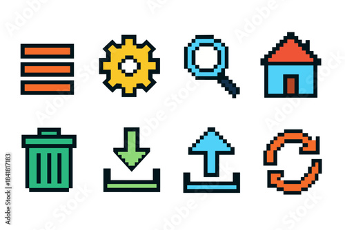 Colorful pixel art icons: settings, search, home, trash, download, upload, refresh