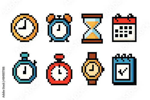 Pixel art icons of clocks, stopwatch, hourglass, and calendars