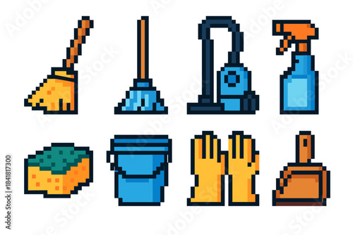 Pixel art cleaning supplies: broom, mop, vacuum, spray, sponge, bucket, gloves, dustpan icons
