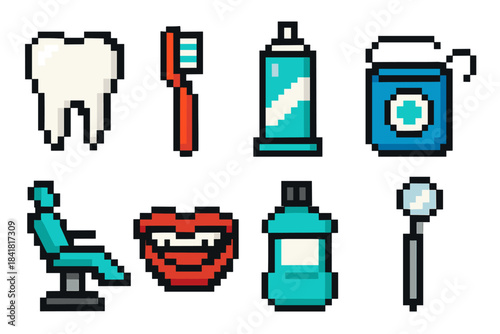 Pixel art dental tools and hygiene items for oral care