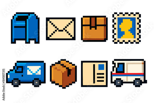 Pixel art postal icons: mailbox, envelope, package, stamp, delivery van, post card, mail truck