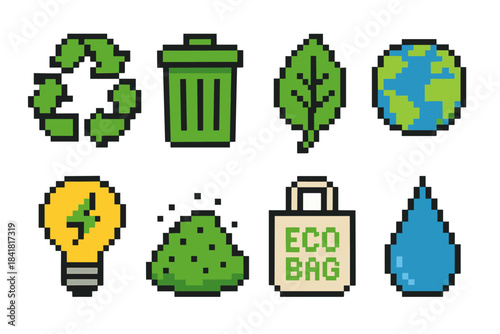 Pixel art set: recycling, earth, eco-friendly symbols with leaf and eco bag