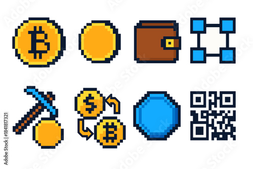 Pixel art cryptocurrency symbols: bitcoin, wallet, mining, blockchain, qr code