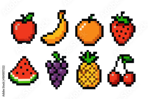 Pixel art fruit collection featuring apple, banana, orange, and more