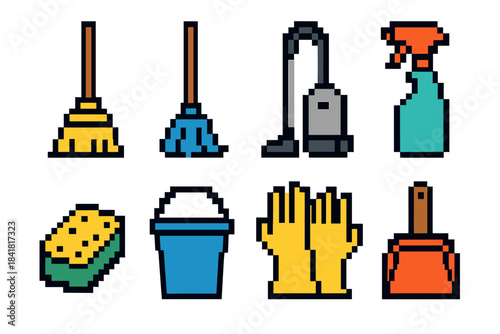 Pixel art cleaning tools set with broom, mop, vacuum, spray bottle, and more