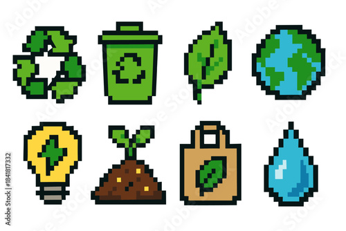 Pixel art eco icons: recycling, earth, leaf, and sustainability symbols