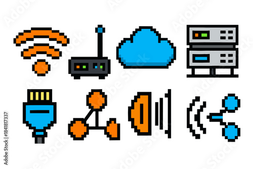 Colorful pixel art icons: wi-fi, router, cloud, server, usb, network, audio, share