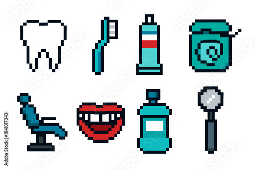 Pixel art dental icons: tooth, toothbrush, toothpaste, floss, dental chair, mouth, mouthwash, mirror