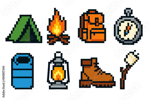 Pixel art camping icons: tent, campfire, backpack, compass, sleeping bag, lantern, boot, marshmallow