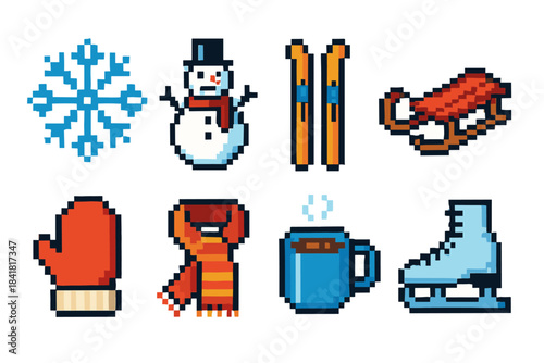 Pixel art winter icons: snowflake, snowman, skis, sled, mitten, scarf, mug, ice skate