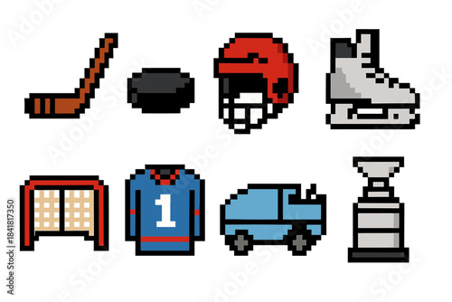 Pixel art hockey icons: stick, puck, helmet, skates, goal, jersey, zamboni, trophy