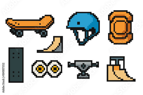 Pixel art skateboarding gear set with ramps, helmet, and accessories