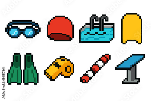 Retro pixel art swimming gear set with icons for pool activities