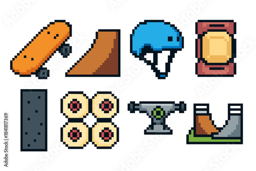 Pixel art skateboard gear and ramps collection with helmet and wheels