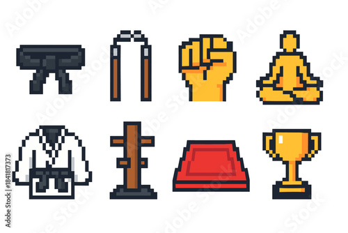 Pixel art martial arts icons featuring meditation and gym equipment