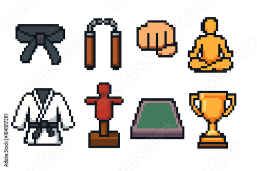 Pixel art martial arts icons: belt, nunchaku, fist, meditation, gi, dummy, mat, trophy
