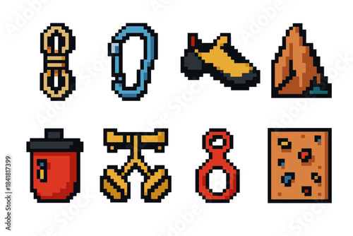 Pixel art climbing gear collection: rope, carabiner, shoes, mountain, pot, harness, figure eight, wall
