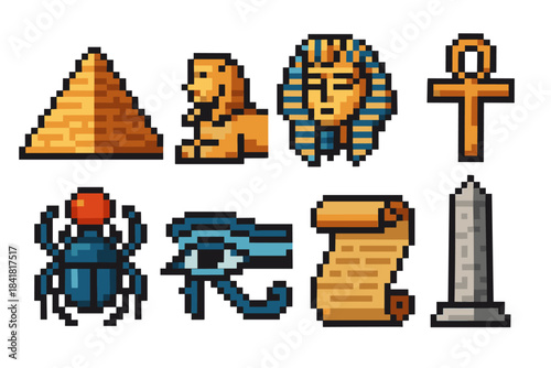 Pixel art icons depicting ancient egyptian symbols and artifacts
