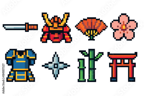 Pixel art japanese icons featuring samurai helmet, sword, bamboo, and torii gate