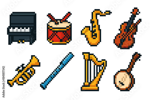 Pixel art collection of musical instruments: piano, drums, saxophone, violin, trumpet, flute, harp, banjo