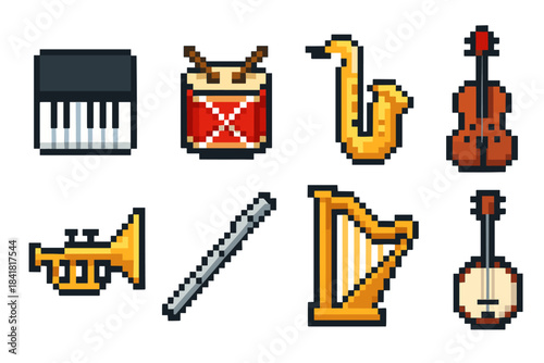 Pixel art musical instruments: piano, drums, saxophone, cello, trumpet, flute, harp, banjo