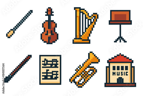 Pixel art musical instruments harp violin trumpet baton music sheet