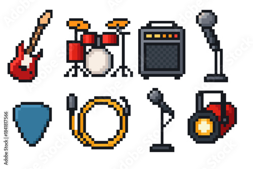 Pixel art music set: instruments and microphones for retro design