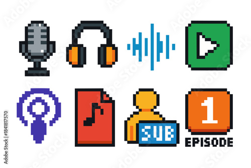 Colorful pixel art icons representing audio and video streaming elements