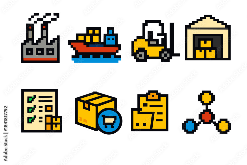Obraz premium Pixel art logistics icons: factory, ship, forklift, warehouse, checklist, box, documents, network
