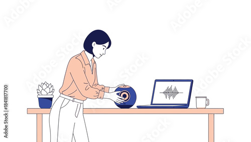 Woman using smart speaker connected to laptop with sound wave on the screen design