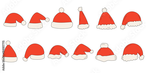 Cartoon Santa Hat. Funny Positive Christmas Holiday Symbol Icon for Winter Xmas or New Year Gift Decoration. Merry Christmas Celebration Greeting Family Party Red Santa Headwear Art Element