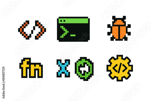 Pixel art icons: coding, debugging, functions, and commands in retro style