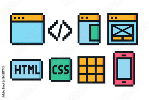 Colorful icon set of web development elements including html, css, design interface, and grid layout