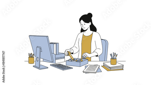 Woman working at her desk with a computer and various office supplies in an illustration