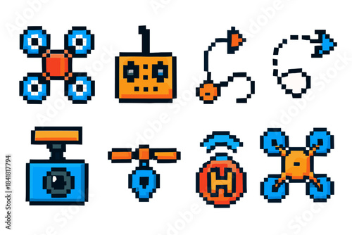 Retro pixel art drone icons with controller and accessories