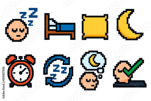 Pixel art sleep icons: bed, pillow, moon, clock, dreaming cycle symbols