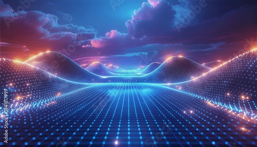 Futuristic glowing grid landscape with neon lights and surreal sky at sunset.