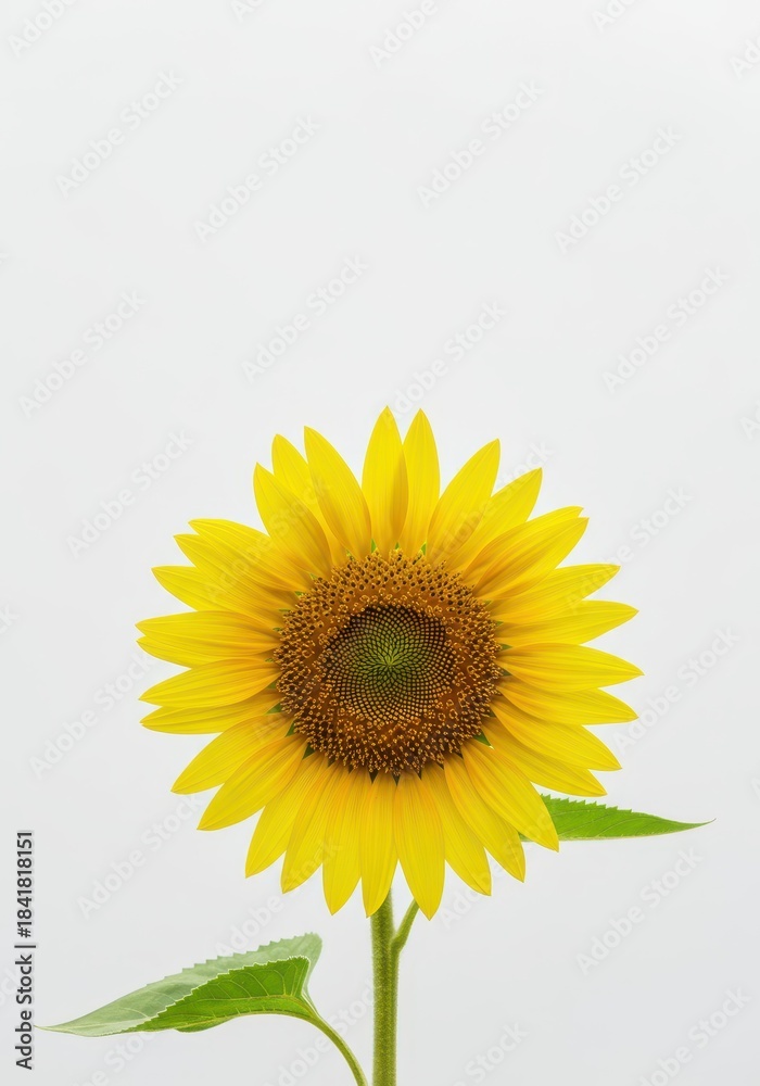 Obraz premium A singular vibrant yellow sunflower head stands isolated against a clean, pure white backdrop, emphasizing clarity, summer warmth, and natural beauty, nobody, cutout, clarity