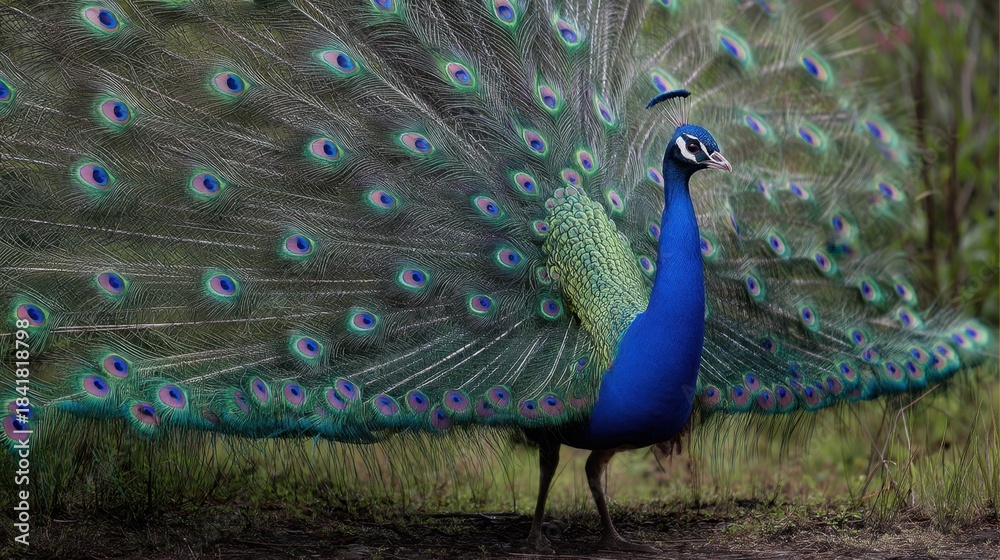 Obraz premium A peacock displays its colorful feathers in a garden setting. The bright colors and patterns attract attention. This scene takes place on a sunny day in nature.