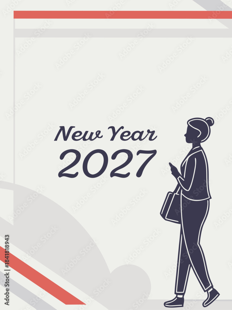 Naklejka premium New Year 2027 Graphic – Bold Typography with Walking Silhouette, Phone and Bag in Geometric Red-Grey Layout