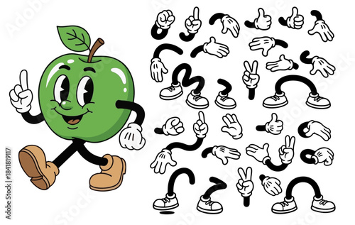 Vintage Cartoon Mascot Set. Retro 
apple character with different facial expressions, arms, legs, eyes and emotions. Design for animation. Flat vector illustration collection isolated on background