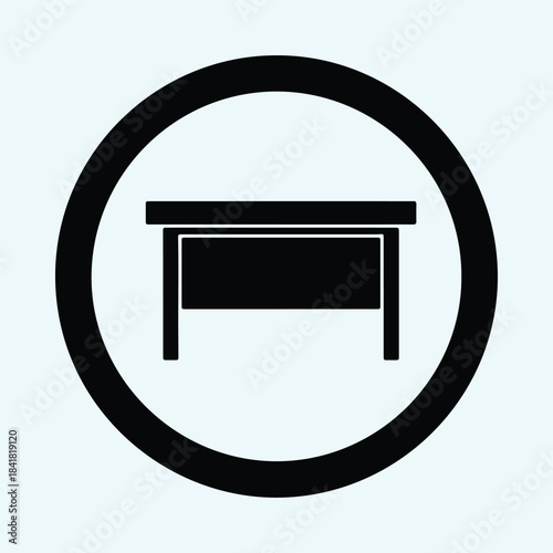 Vector Office desk or work table furniture icon symbol in circle silhouette Illustration