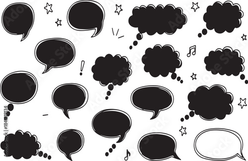 Speech bubbles and thought clouds in black silhouette design styles